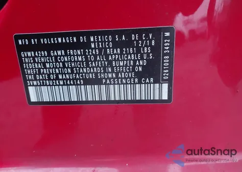 2019 Volkswagen Jetta Gli 2.0T 35Th Anniversary Edition/2.0T Autobahn/2.0T S from USA, damaged, VIN 3VW5T7BU2KM144149